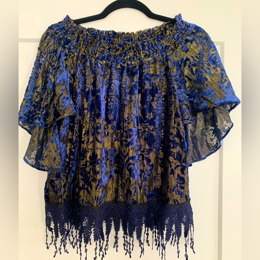 Off Shoulders Eli Tahari Blue Velvet, Gold Embroidery & Black Tassels Blouse.